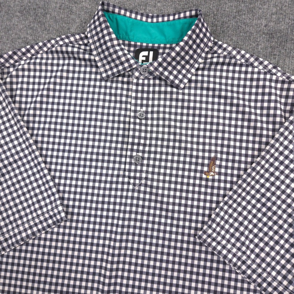 FootJoy Polo Shirt Mens L Dark Navy White Gingham Check Performance Golf Preppy